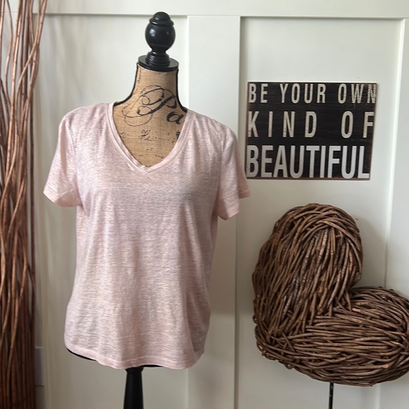 Nicole Miller New York Peach Metallic V-Neck Short Sleeve Linen Tee - Picture 1 of 7
